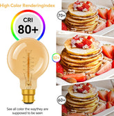 Light bulb with CRI 80+ rating next to a stack of pancakes with strawberries, highlighting color rendering index.